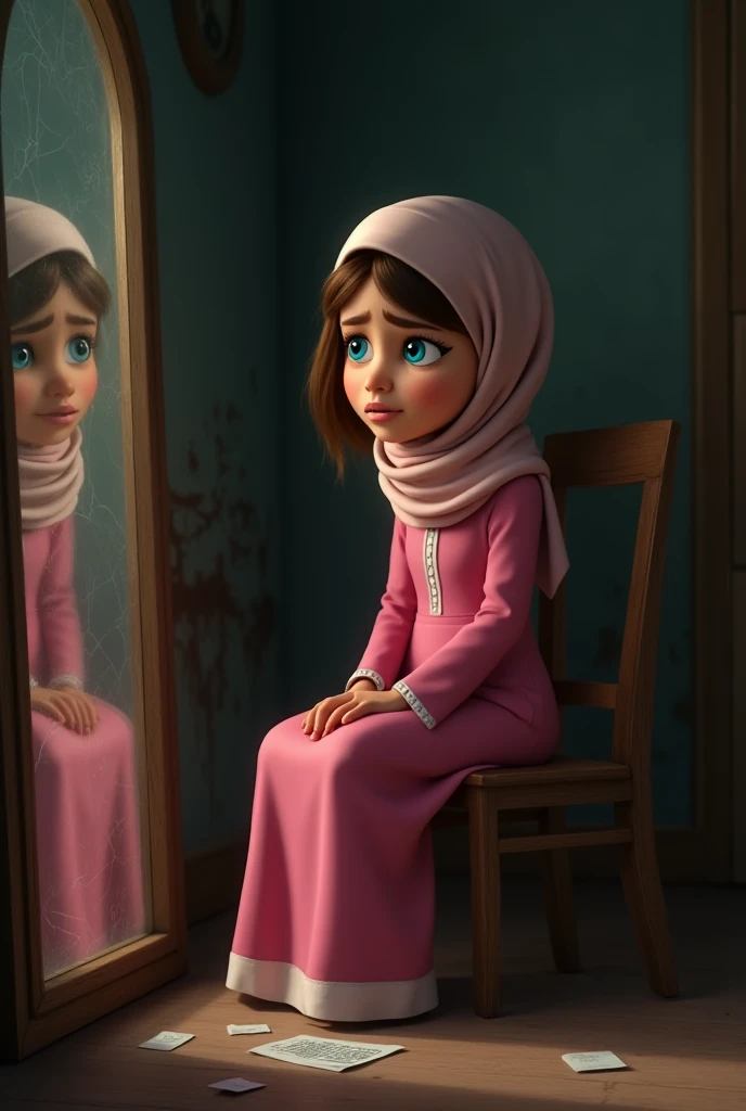 1. Opening Scene
A Pixar-style young woman, Ayesha, with  brown hair covered partly by a light pink hijab. She has striking blue eyes and wears a modest, flowing pink dress with white accents. She sits on a wooden chair in a dimly lit room, staring at a cr...