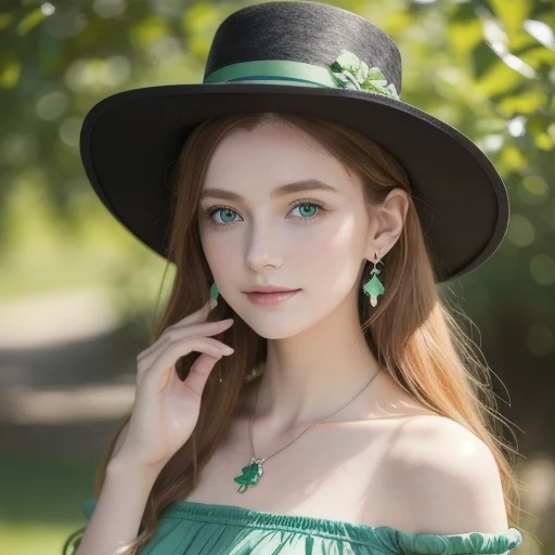  best quality,  professional lighting,  natural light,  very detailed,  is present,  beautiful detailed eyes, fairytale scene with one person, holy. St. Patrick's Day , 1 girl in the best, 18,Cute, blue-white skin,  green eyes,  ginger hair, compensate,  e...