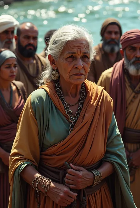 A depiction of Amina's supporters, like the old woman, standing by her side with kind eyes and supportive gestures, ready to defend her honor at the river side.