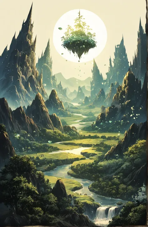 fantasy setting, historical, landscape, middle ages, magical, fantasy setting, magical floating rocks which are abled to float because of magic, have magical plants and vegitation on them, no buildings only landscape and nature