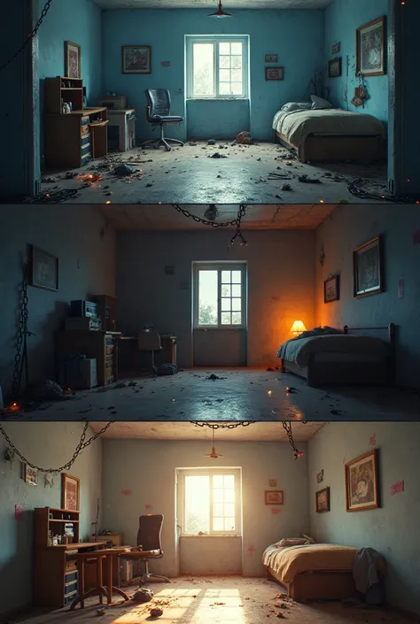  I want a 3d image composed of 3 scenarios ,  the first stage is a dim room you can see small lights around the floor and ceiling,  a lot of messy things tied with chains .  second stage room with more light ,  the broken chains and there are small picture...