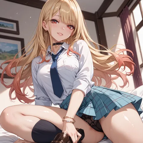 kitagawa_marin, red eyes, blonde hair, long hair, gradient hair, choker, collared shirt, bracelet, long sleeves, blue necktie, blue skirt, plaid skirt, pleated skirt, black socks, brown shoes, glossy skin, glistening skin, looking at viewer, Alluring body