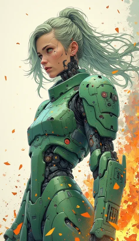 Create watercolor splash art style. A girl wearing high-tech and sophisticated armor. A great, futuristic and powerful combat suit. Matte green and Pearl white colors. Looks dirty and dusty. Standing with a brave and courageous style. Sharp gaze, a cynical...