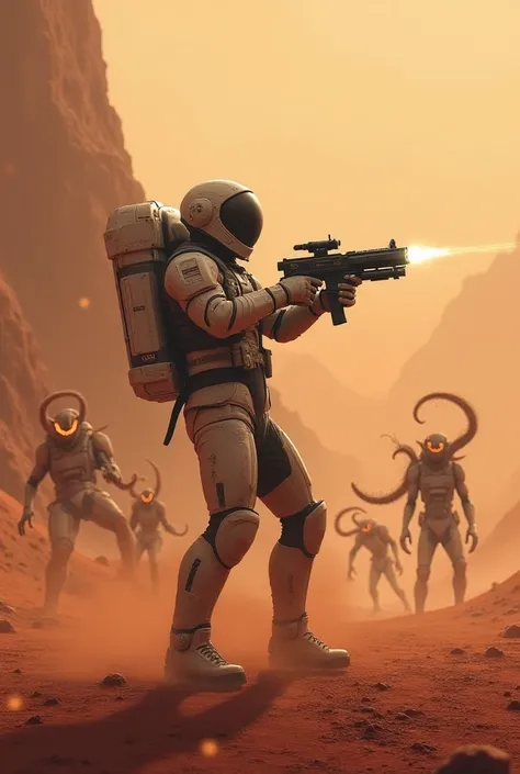 A man on Mars with a weapon from the future shooting at creatures