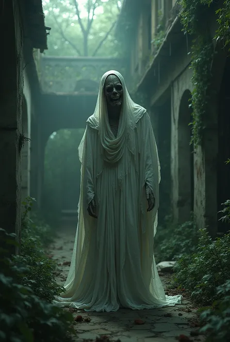 Photo of a pocong ghost estate with a mangled face and wearing a white dress 