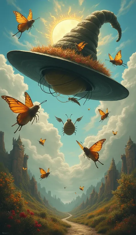 Slugs fly on butterflies, Another World, witch hat,  Ring of Angels ,  Proximity Method,  best quality,  Action Painting, 