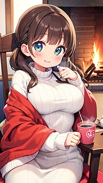 smile、 so cute、 young、 random hairstyle、fireplace、Big Breasts、 knit 、 coffee、 lap blanket 、rocking chair 