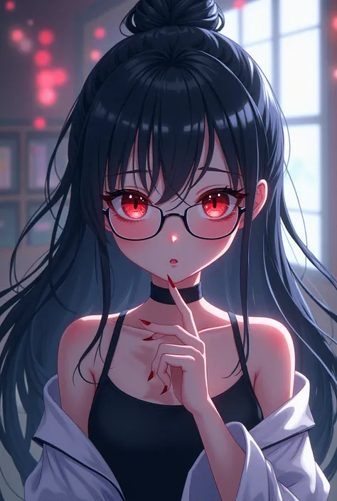 A black hair tied to a princess's head、Black Slim Frame Glasses、 Skin Whitening、Cheeks with redness、 neck length、Wen Wen Wen Wen Jude Girl With Claws（Japanese anime style）