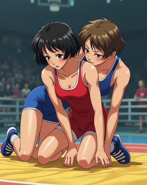 ultra detail, anime style. Match from the nineties . a female in a red freestyle wrestling singlet is on all fours in the center of the mat, and a female in a blue freestyle wrestling singlet is holding it from behind