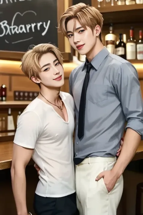 Two young men drinking at a bar. His stunning androgynous features embody the idol aesthetic. Their hairstyles are sleek and modern, one's strawberry blonde hair standing up softly; the other's charcoal grey hair is softly twisted and groomed.