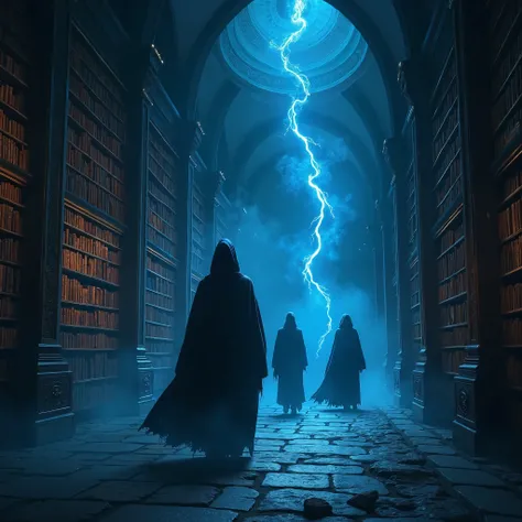 dark background, ancient library with wisps of ghostly light blue magical lights, mysterious robed figures