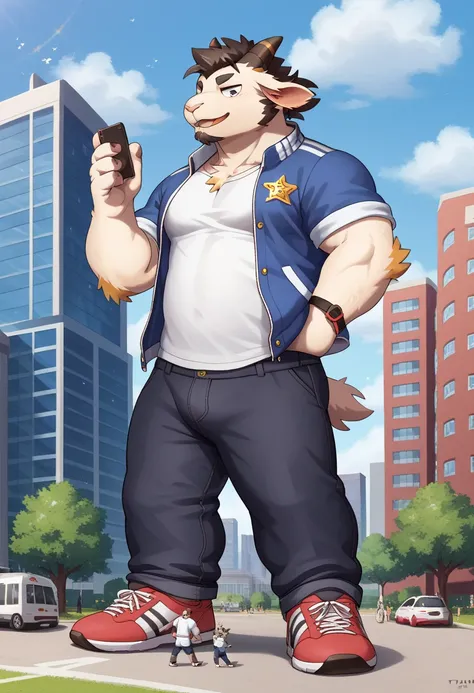 Scribble Goat face,furry(Goat), athletic, slim, ( black eyebrows :1.1),(perfect eyes), fur，alone,（artist:takemoto arashi),（jock:1.3）， standing, Sneakers，（ Black beard :1.3），（Civil :1.3, College jacket, t-shirt, pants) Goat (Massiv:3.0, ( heavyweight , stro...