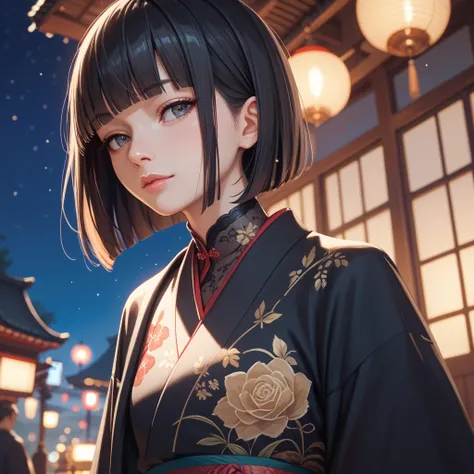 masterpiece, best quality, ultra detailed. 1girl,  bob cut, black hair, blunt bangs, blunt ends, black kimono, amaryllis print, night sky