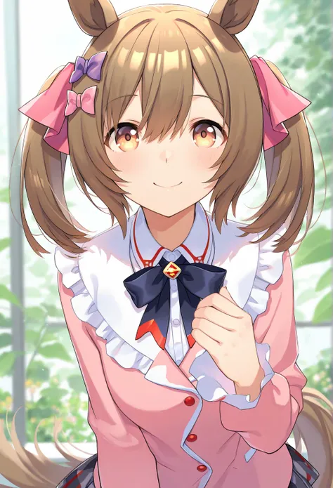 very awa, masterpiece, best quality, newest,  highres, absurdres、 smart falcon 、 smart falcon 　Uma Musume、 1 、shiny brown hair、 Twin Tails、 is opening her mouth、smile、pale pink plain clothes、garden、 Sunny、 waves、 fun vibe 