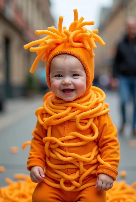 "Create an adorable, humorous scene of a baby dressed in a creative costume resembling orange spaghetti. The baby should have a joyful expression and be wrapped in vibrant orange strands resembling pasta noodles, complete with a playful noodle-like hairsty...