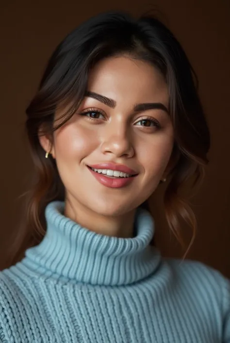 beautiful woman. areil tantrum, wearing detailed knitted  light blue turtle neck dress . smiles. Classic High-Key Portrait: Bright, evenly lit portraits on the subject's face. dark brown background