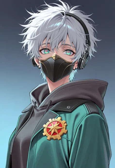 a man, short hair, silver hair, cold expression, piercing gaze, jacket, mouth mask, gradient hair, messy hair, headphones, hood down, aqua eyes, gradient eyes, textured skin, super detail, UHD, masterpiece, accurate, anatomically correct, high details, hig...