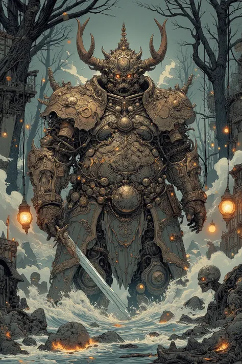 Medieval Knight from Giant Giant , Metal Battle Armor That Covers a Huge Body with Fat ,Overly Huge Helmets ,Helm, Extremely Exaggerated Looking Helmets,ピアスシールド🛡️, Extremely Exaggerated Obese Body ,Great Sword,RPG Art, Highly Detailed Characters,,Dark fant...