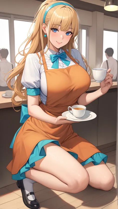   general  ,  high resolution,   ultra detail,  very aesthetic ,  top quality ,  Best Hand  ,  break Kokubo_Reika  _,   tea hair,   long hair,  blue eyes, Big Breasts,   one girl ,  alone,   Hair Band  ,   waitress , bow, smile,     orange apron, break,
  ...