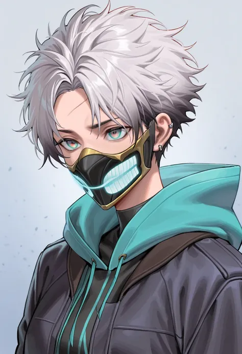 a man, short hair, silver hair, cold expression, piercing gaze, jacket, mouth mask, gradient hair, messy hair, headphones, hood down, aqua eyes, gradient eyes, textured skin, super detail, UHD, masterpiece, accurate, anatomically correct, high details, hig...