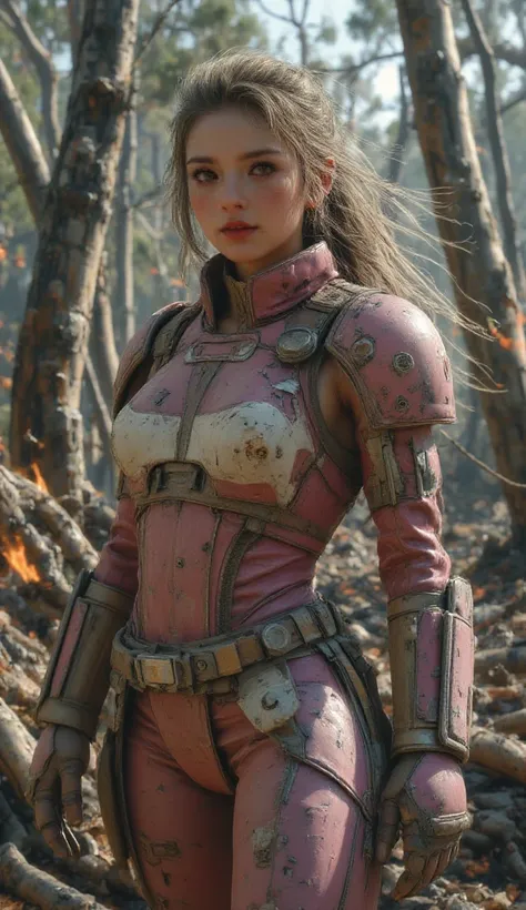 Create A girl wearing high-tech and sophisticated armor. A great, futuristic and powerful combat suit. Matte purple and Pearl white colors. Looks dirty and dusty. Standing with a brave and courageous style. Sharp gaze, a cynical smile. The wind blows, leav...