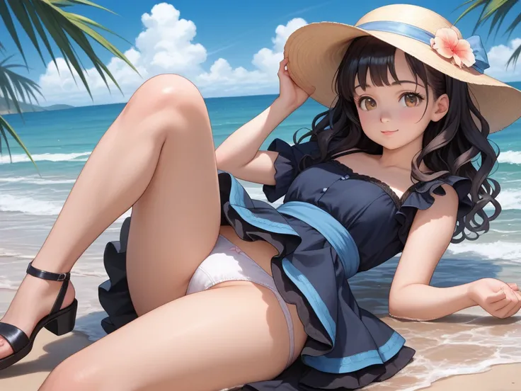 wave hair,master piece,best quality,ultra detailed, highres,panties, Japanese woman with long black wavy hair , A photorealistic anime girl render with a feminine, plump body ,  Anime Girl  in a blue dress and hat on the beach, beautiful  Anime Girl ,  cut...