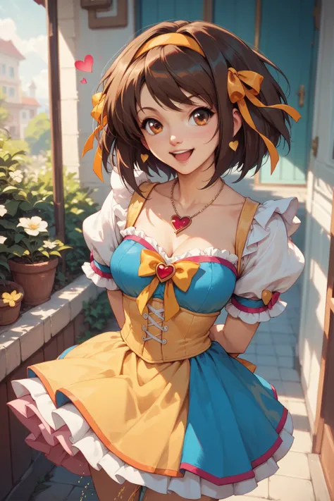 suzumiya haruhi,, necklace, magical girl, rainbow, hearts, happy,arms behind back,peeing,Masterpiece,