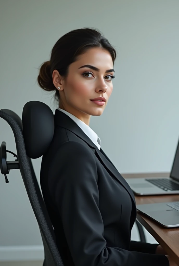 ultra realism,  photorealistic , of a young woman with Spanish features ,  in an office suit ,  sitting in an office chair,  in front of a desk with your laptop. Side photo,  full plane. light gray background.  Clean design . Use a lumbar cushion 
