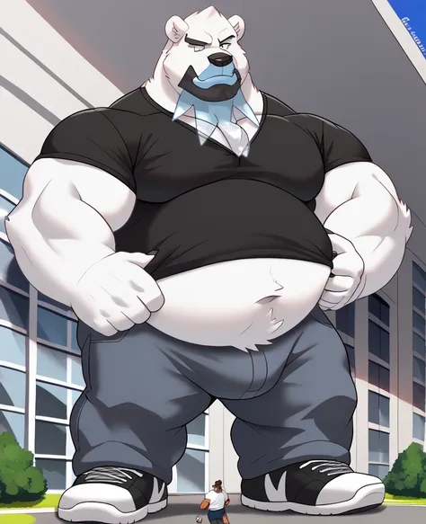 Scribble Beartic face,furry(Beartic),Chubby, big large thick belly, muscular, big strong muscle,( black eyebrows :1.1),(perfect eyes), fur，alone,（artist:takemoto arashi),（jock:1.3）， standing, Sneakers，pants,（ Black beard :1.3），（Civil :1.3, College jacket, ...