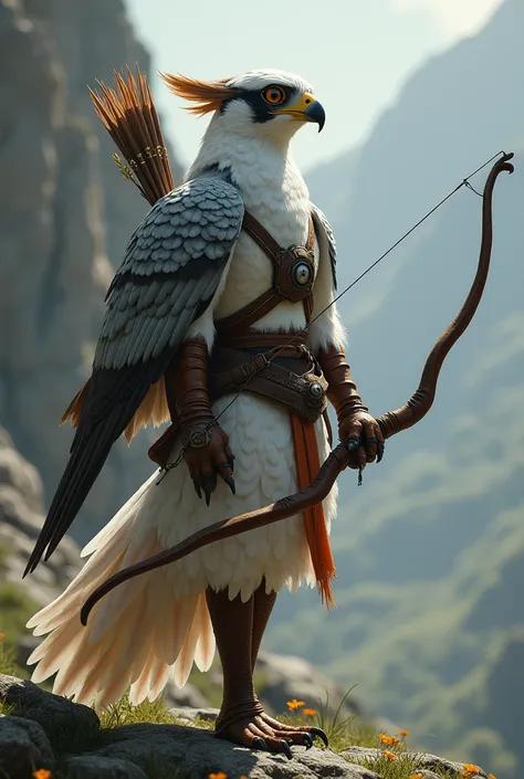 Female aarakocra ranger, with perrigrine falcon features and coloration, predominately whiteon body long wings. holding a longbow, wearing leather armor.