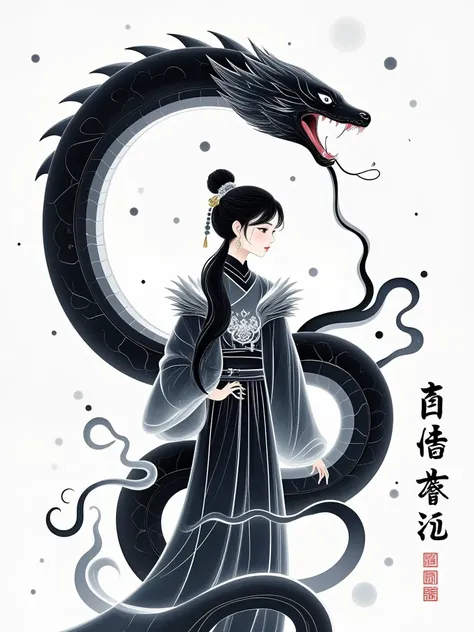 Movie poster, Chinese ink painting style, thick black brush strokes, a strong, honest ancient young girl with a square chin and broad shoulders, a luxurious fur coat, surrounded by ethereal roaring ink giant snakes, clean white background, soft, Minimalism...