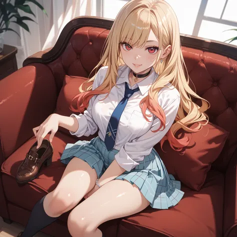 kitagawa_marin, red eyes, blonde hair, long hair, gradient hair, choker, collared shirt, bracelet, long sleeves, blue necktie, blue skirt, plaid skirt, pleated skirt, black socks, brown shoes, glossy skin, glistening skin, looking at viewer, Obscene body