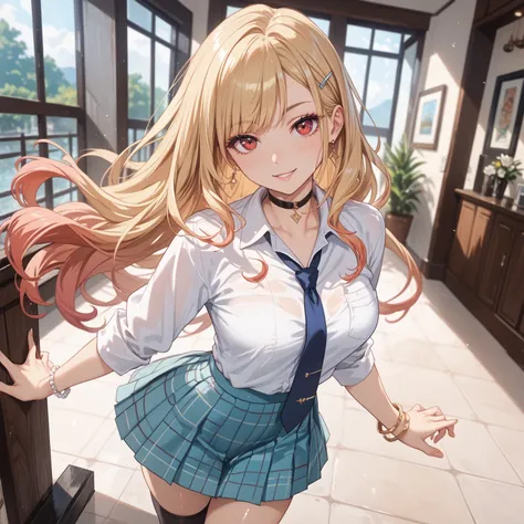 kitagawa_marin, red eyes, blonde hair, long hair, gradient hair, choker, collared shirt, bracelet, long sleeves, blue necktie, blue skirt, plaid skirt, pleated skirt, black socks, brown shoes, glossy skin, glistening skin, looking at viewer, Obscene body