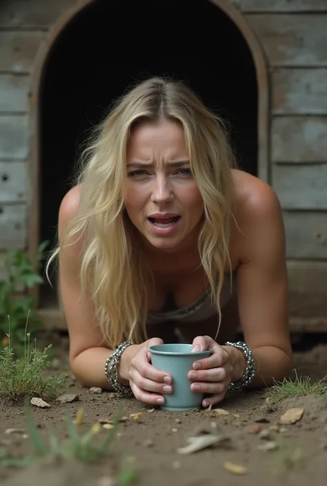 beautiful blonde desperate nude woman is crying and crawling On the ground in front of a dog house  handcuffed and drinking water with  her  tongue from a dogs cup and a big ugly stray dog is on her back and  Groped her back and riding her butt cheeks and ...