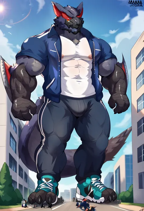 Scribble Nargacuga face,furry(Nargacuga),pummelig, muscular, big strong muscle,( black eyebrows :1.1),(perfect eyes), fur，alone,（artist:takemoto arashi),（jock:1.3）， standing, Sneakers，（ Black beard :1.3），（Civil :1.3, College jacket, t-shirt, pants) Nargacu...