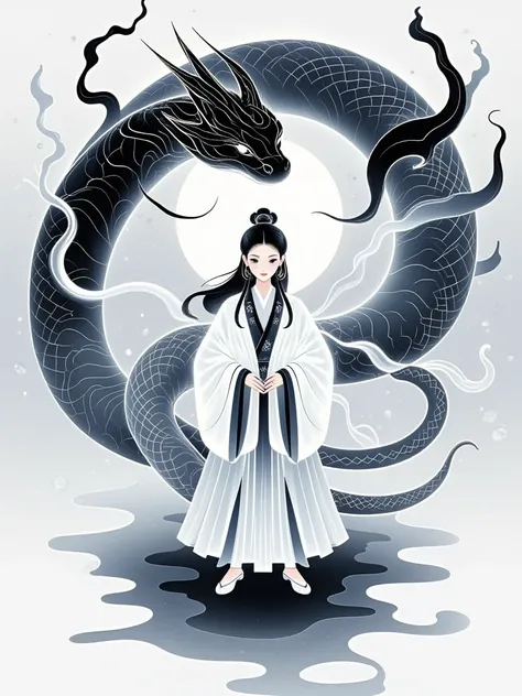 Movie poster, Chinese ink painting style, thick black brush strokes, a strong, honest ancient young girl with a square chin and broad shoulders, a luxurious fur coat, surrounded by ethereal roaring ink giant snakes, clean white background, soft, Minimalism...