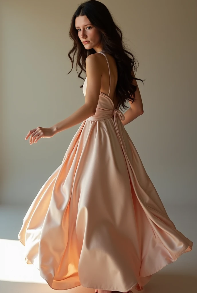 Photo session in a satin dress, brunette with long hair