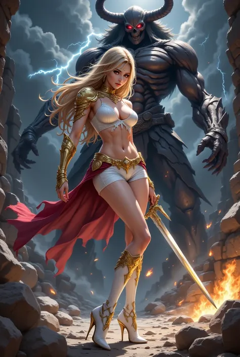 This is a highly detailed digital illustration in a fantasy art style. The central figure is a muscular, blonde-haired woman standing confidently in the foreground. She has long, flowing hair and is adorned with golden armor, including a breastplate, arm g...