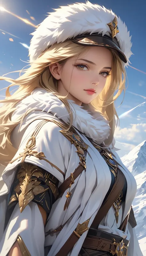 Masterpiece, (highest quality, high resolution, high details, 4K, 8k),(realistic, photorealistic: 1.3),Young woman with yellow hair in fluffy clothes and a fluffy hat, Fantasy Characters art, Amazing character art, Magnificent Fantasy Characters Art, HD fa...