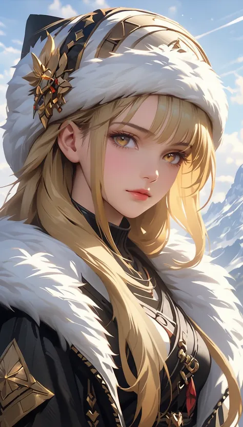 Masterpiece, (highest quality, high resolution, high details, 4K, 8k),(realistic, photorealistic: 1.3),Young woman with yellow hair in fluffy clothes and a fluffy hat, Fantasy Characters art, Amazing character art, Magnificent Fantasy Characters Art, HD fa...