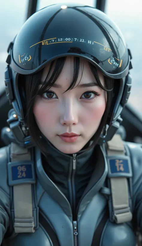  super real、  photorealistic、  Beautiful Japanese Woman、 clear white skin 、 cockpit of the newest military fighter 、in flight、masterpiece、  Focus on the face  . all information is projected onto the glass part of the helmet、  beautiful eyes、  state of the ...