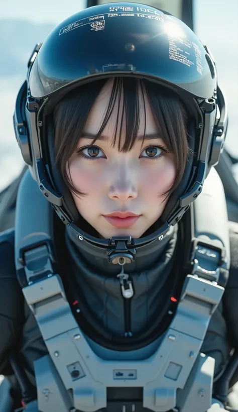  super real、  photorealistic、  Beautiful Japanese Woman、 clear white skin 、 cockpit of the newest military fighter 、in flight、masterpiece、  Focus on the face  . all information is projected onto the glass part of the helmet、  beautiful eyes、  state of the ...