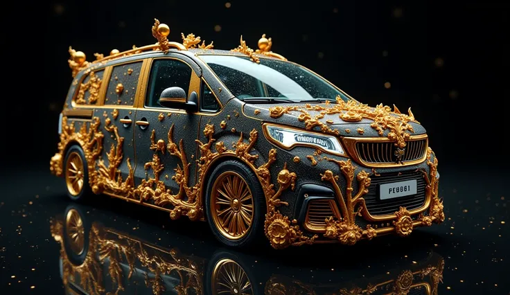 A breathtaking, close-up, hyperrealist photograph of a modern Peugeot Traveller minivan sculpture meticulously carved from opal and lavishly gilded with gold and silver, the buttons glistening with stardust that reflects and refracts luminous galaxies, cre...