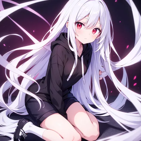  on a black shirt wearing a white hoodie,  red eyes, Full body portrait of a cute anime girl with long white hair ,   make black shorts , and black shoes.