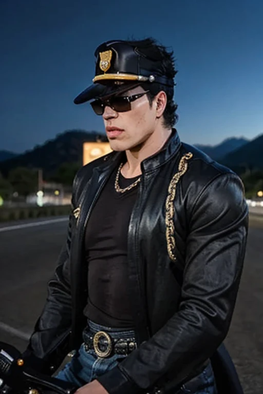 Jotaro on a motorcycle, route, Road, sunglasses,  night, Enlightened,  good quality , black clothes, black garment