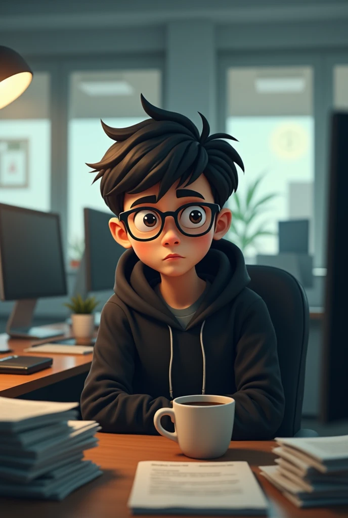 An animated aged boy wearing black hoodie and glasses, sitting and office, working space