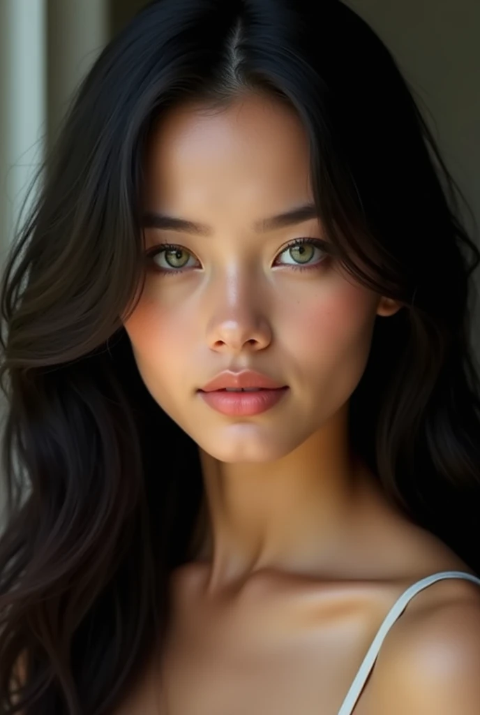 A young woman of 20 years,  long black hair. She has green eyes and a beautiful neckline at the level of her chest., pretty lips and beige skin 