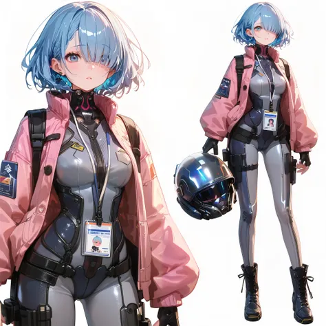 (Masterpiece, Top Quality), (Fine Hair), Ultra-Detailed, Anime like illustration Style, Solo, Full Length, cyberpunk pilot girl, sky blue hair and eyes, hair over one eyes, short hair, pink woolen cardigan and Body-Fitting Grey-Thin Suit, held helmet, wear...