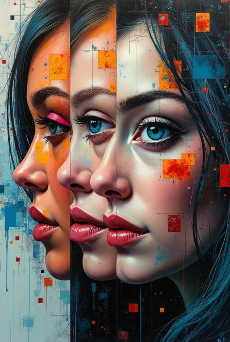 painting of three faces of a woman with geometric shapes,  multiple faces , inspired by Sandra Chevrier, detailed symmetrical faces, multicolored faces, symmetrical detailed faces,  art by Alessandro Pautasso , complicated faces, cybernetic faces, beautifu...