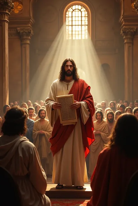 Handsome Jesus in the synagogue of Nazareth reading a Torah scroll on a dais